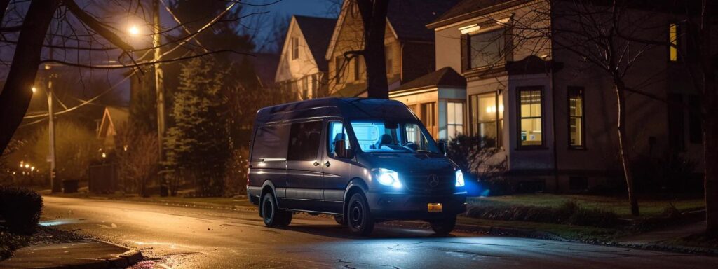 Mobile locksmith van at night, responding to an emergency lockout in Brookside