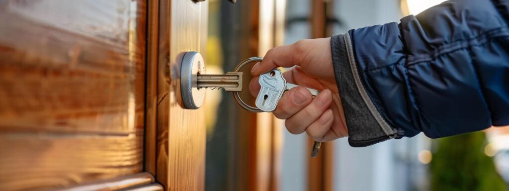 Hand holding keys inserting into a wooden door lock, symbolizing residential locksmith services in Middletown, DE for enhanced security.