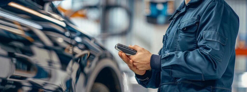 Technician programming a car key beside a vehicle