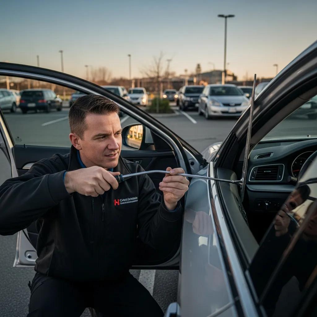 Automotive locksmith unlocking a vehicle door in Delaware City — emergency car lockout assistance