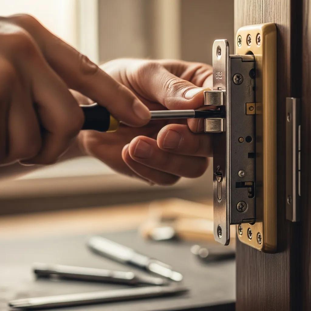Close-up of a locksmith installing a residential lock in Wilmington