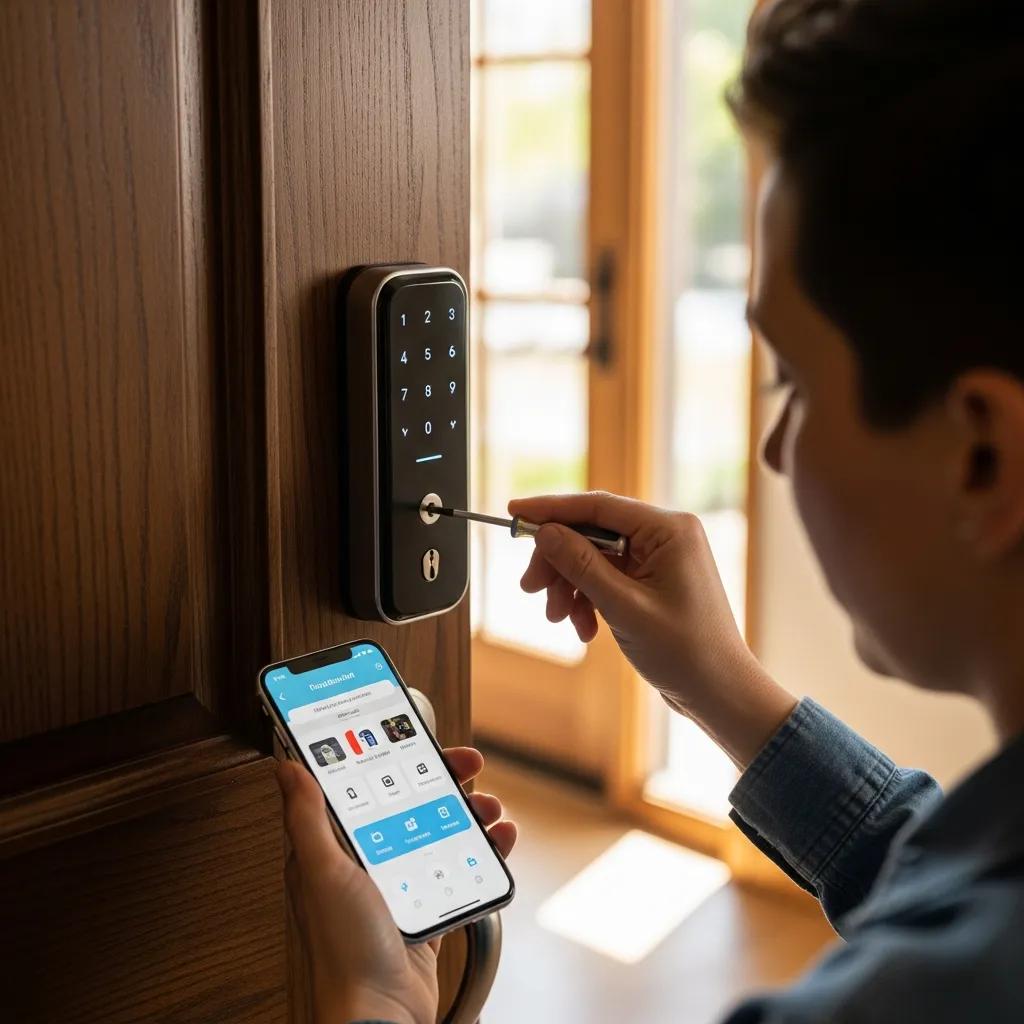 Close-up of a smart lock installed on a front door &mdash; modern convenience with professional setup