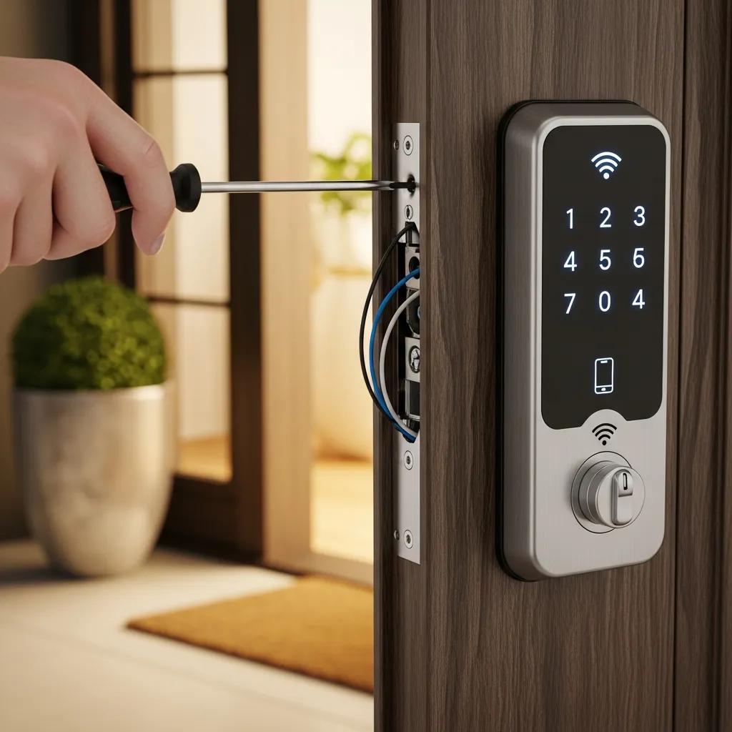 Close-up of a smart lock on a front door