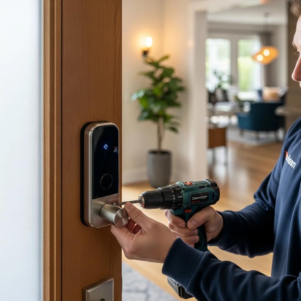 Smart lock being installed on a front door, showing modern security options for homeowners