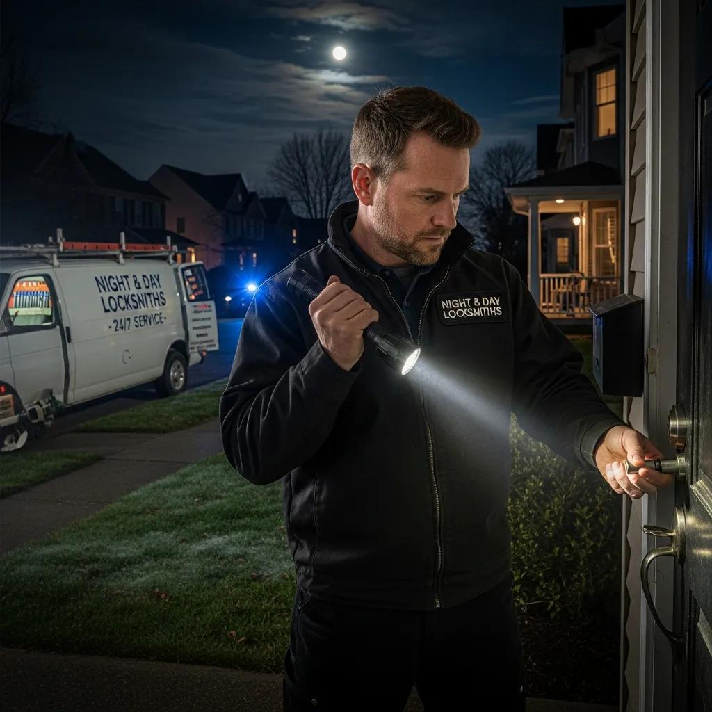 After-hours locksmith assisting a customer at night — Nova Locksmith emergency services
