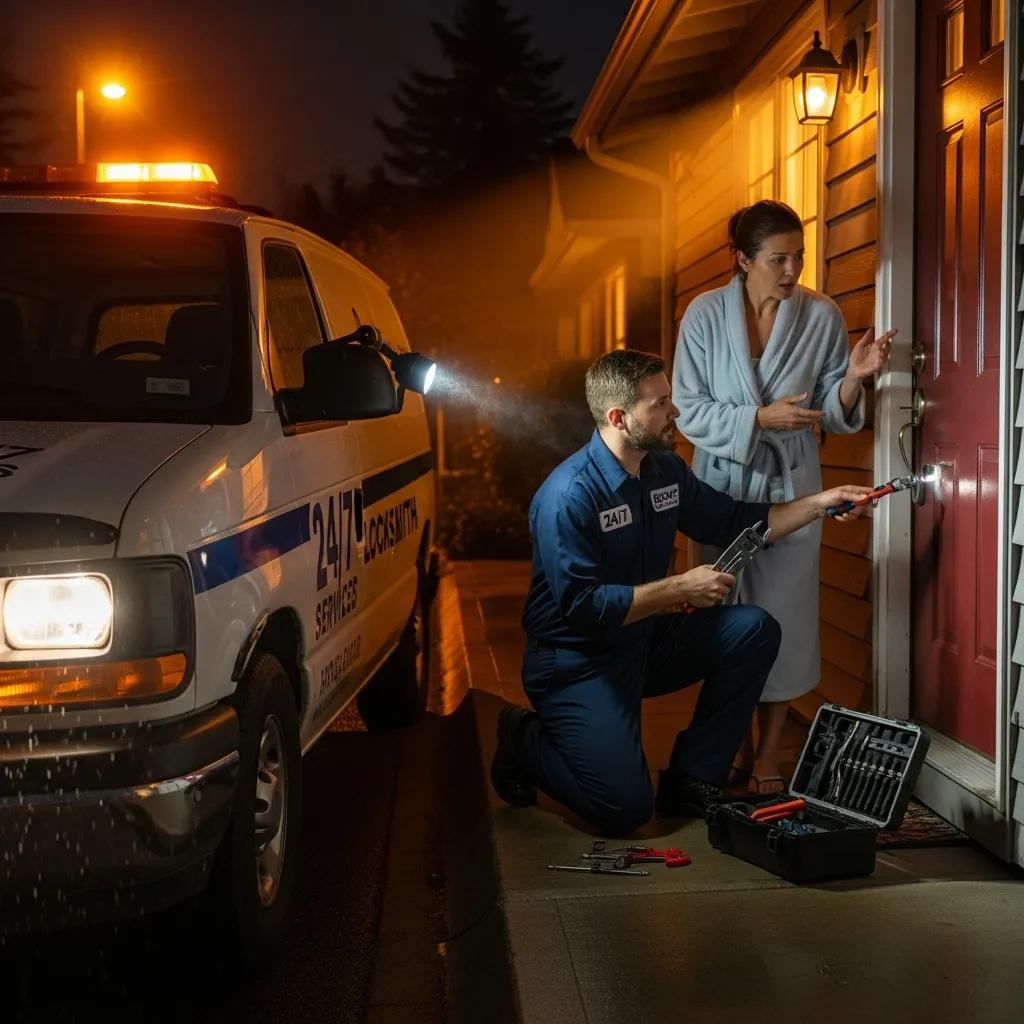 Emergency locksmith helping a homeowner during a nighttime lockout in Wilmington, DE