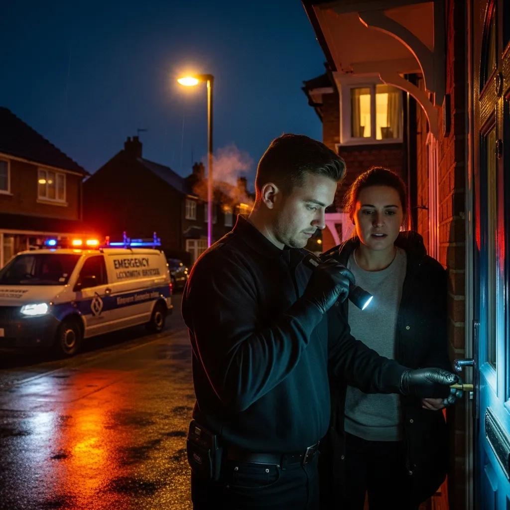 Nova Locksmith technician assisting a homeowner at night