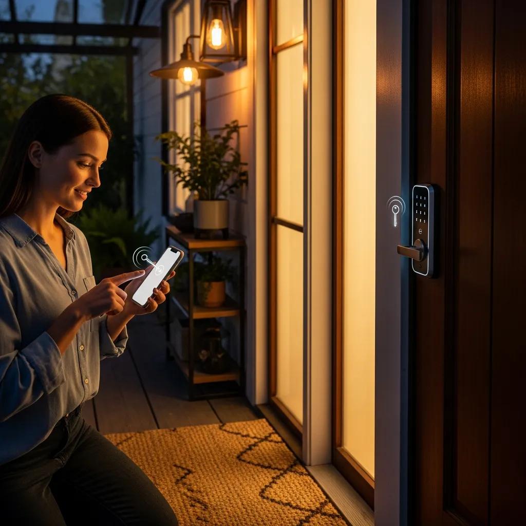 Family member using a smartphone to control a smart lock, representing modern residential security solutions