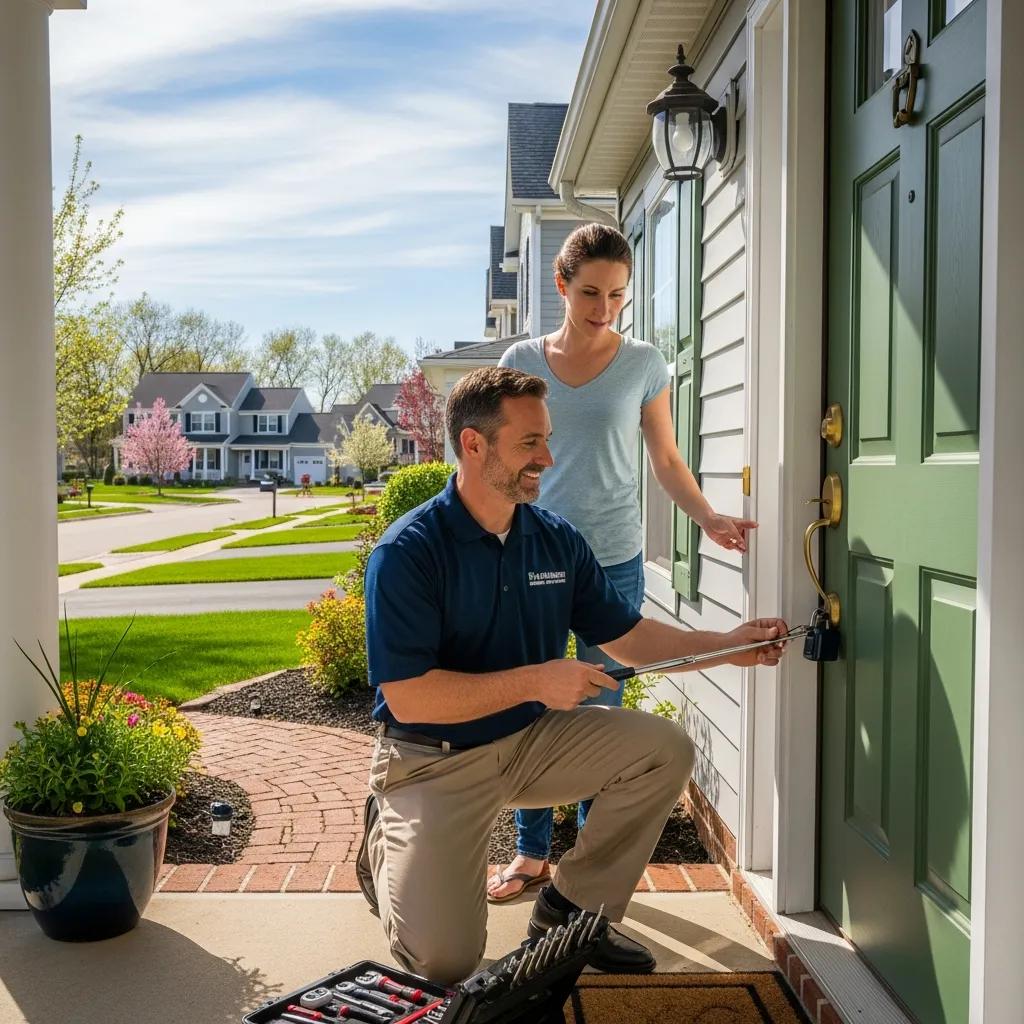 Friendly locksmith assisting a homeowner at the front door in a suburban neighborhood