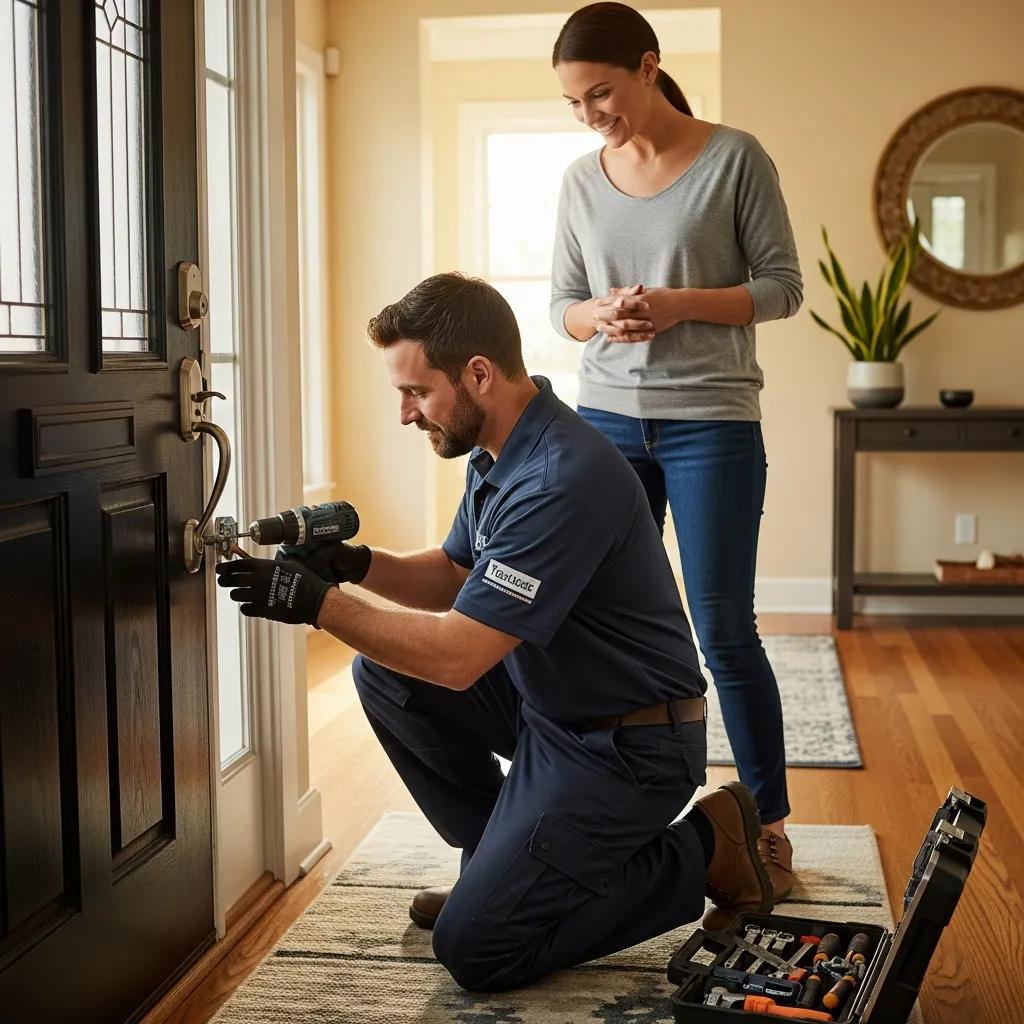 Technician installing a deadbolt on a front door to improve home security in Delaware City