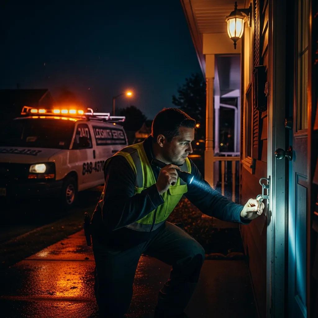 Night-time locksmith service responding to an urgent call, illustrating quick and dependable 24/7 response