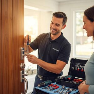 Professional locksmith assisting a homeowner with lock installation, emphasizing home security and trust