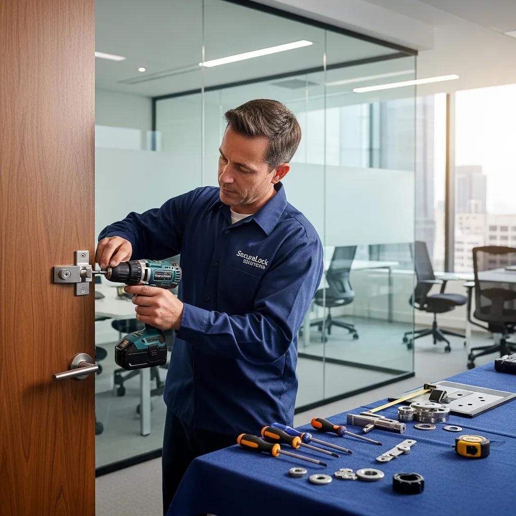Professional locksmith installing a high-security lock system in a modern office