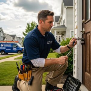 Nova Locksmith technician adjusting a door lock in Delaware City, DE &mdash; emergency service available