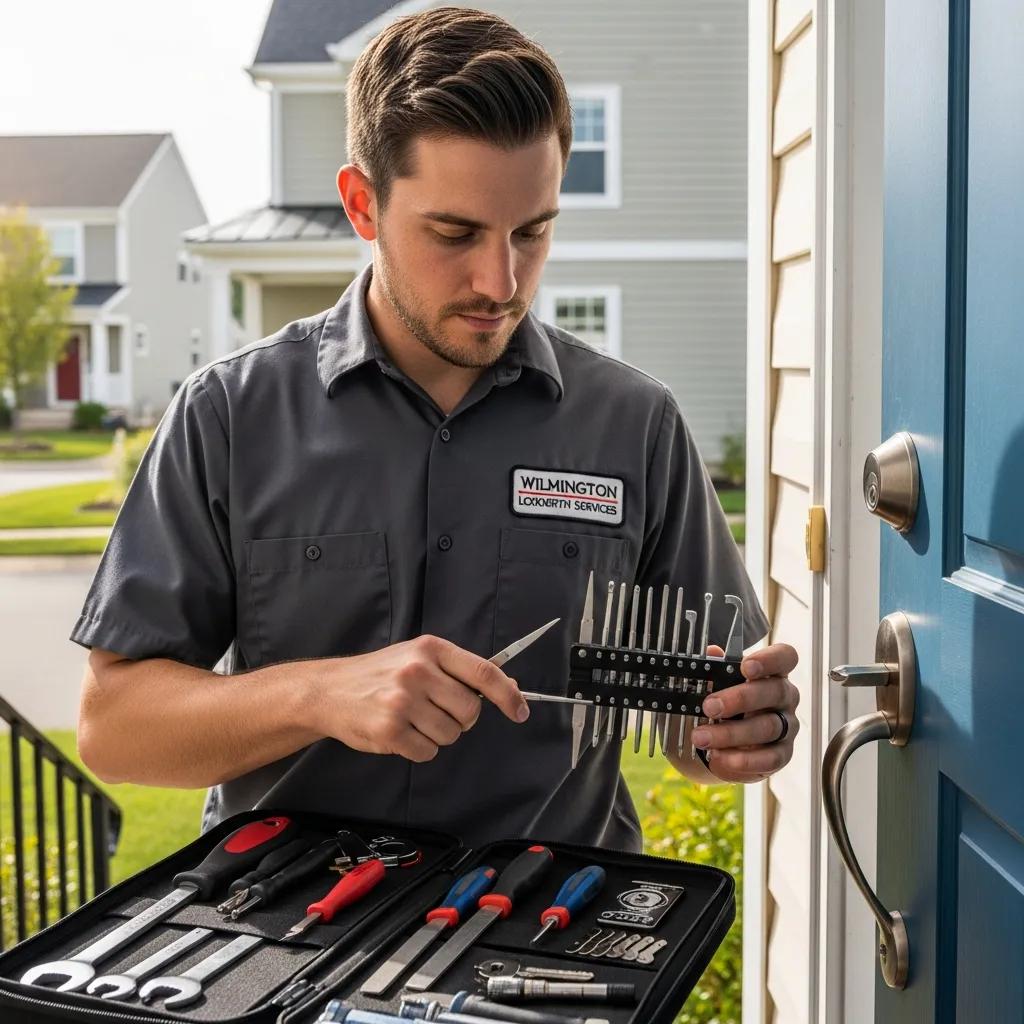 Professional locksmith working on a residential door lock in Wilmington, DE