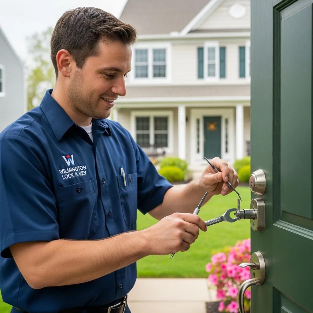 Professional locksmith working on a residential door lock in Wilmington, DE, showcasing expertise and trust