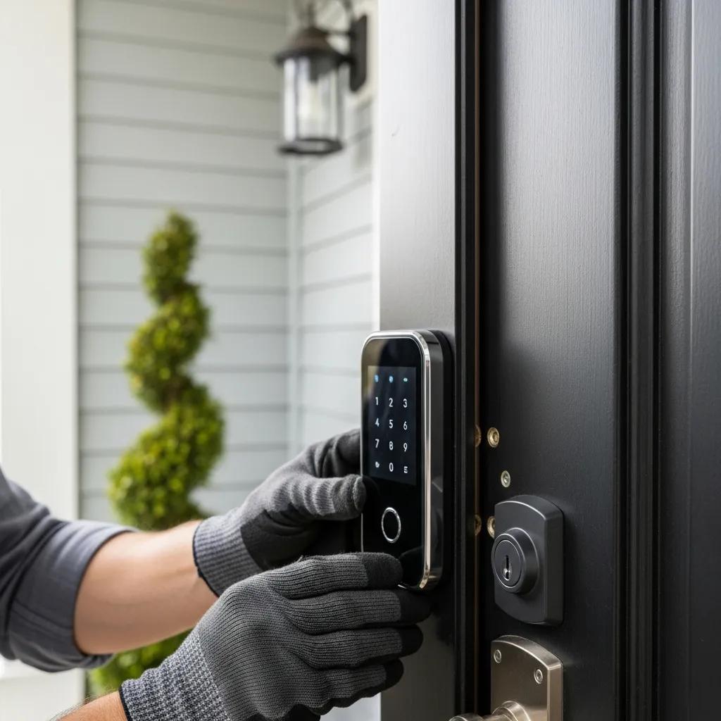 Technician fitting a modern smart lock on a front door &mdash; smart home security installation