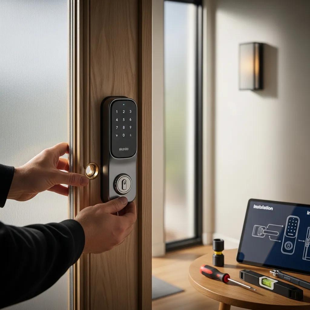 Technician fitting a smart lock on a front door — modern security solutions from Nova Locksmith