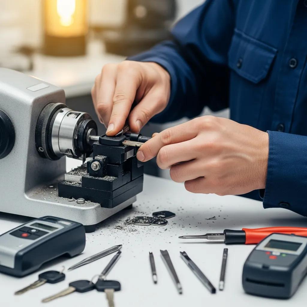 Car key locksmith creating a new key with specialized tools, emphasizing automotive locksmith services