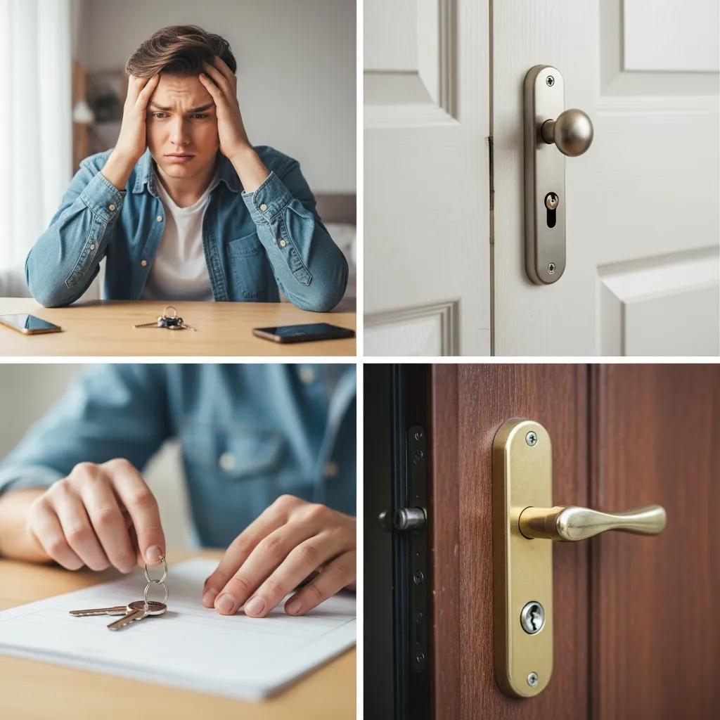 Frustrated homeowner searching for lost keys and a broken lock, illustrating common lockout causes