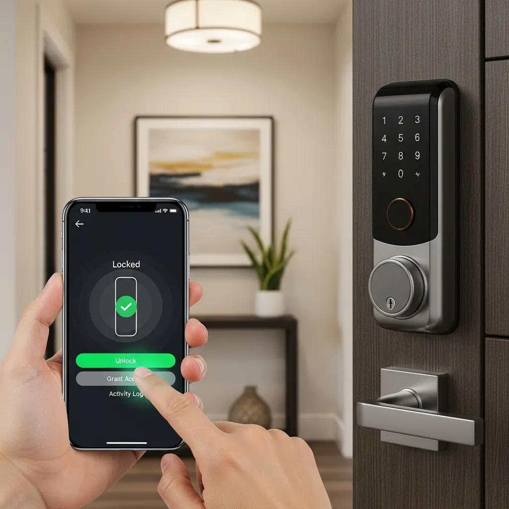 Homeowner controlling smart lock with smartphone — keyless entry