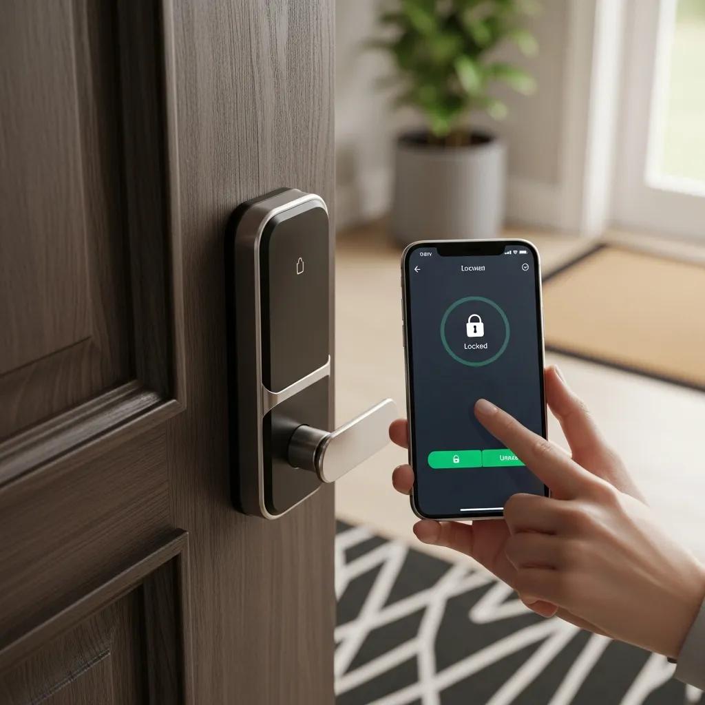 Installation of a smart lock on a front door, highlighting keyless entry technology for home security