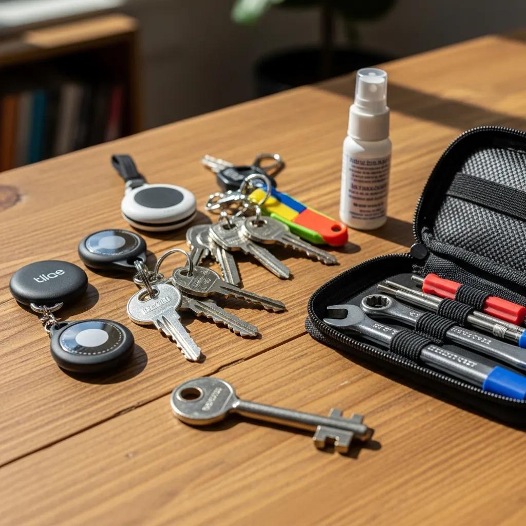 Key finders and spare keys on a table, illustrating tools and habits to prevent lockout emergencies