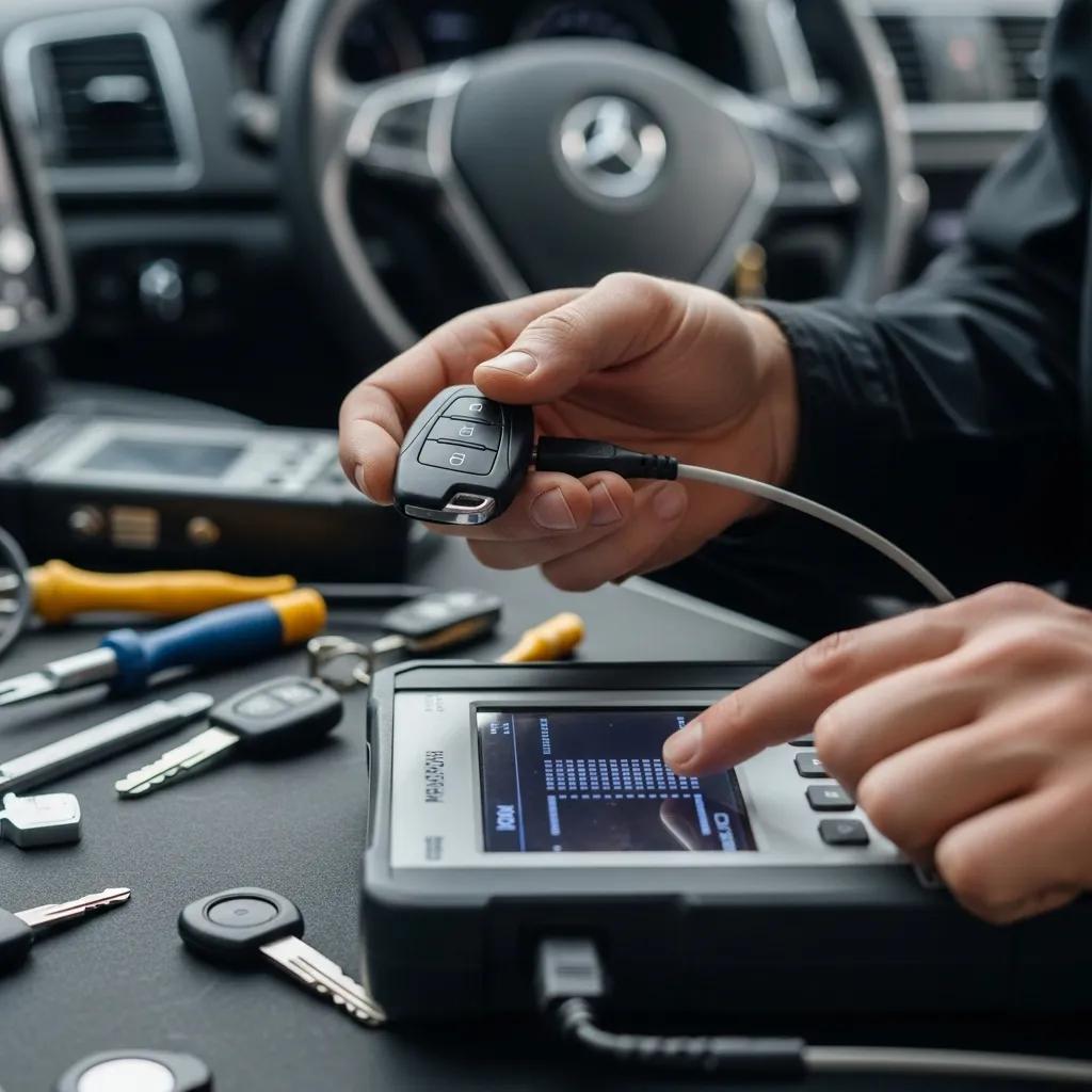 Technician programming a car key fob