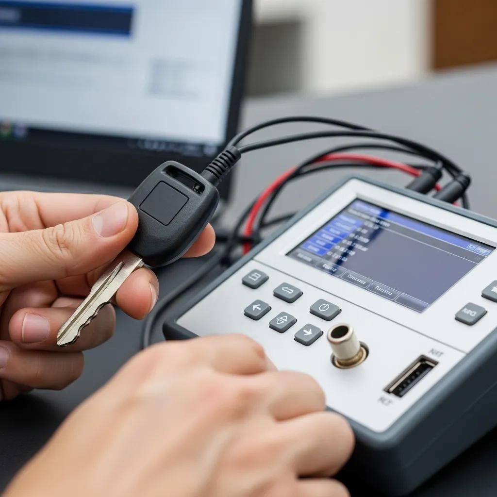 Technician programming a transponder key with portable equipment