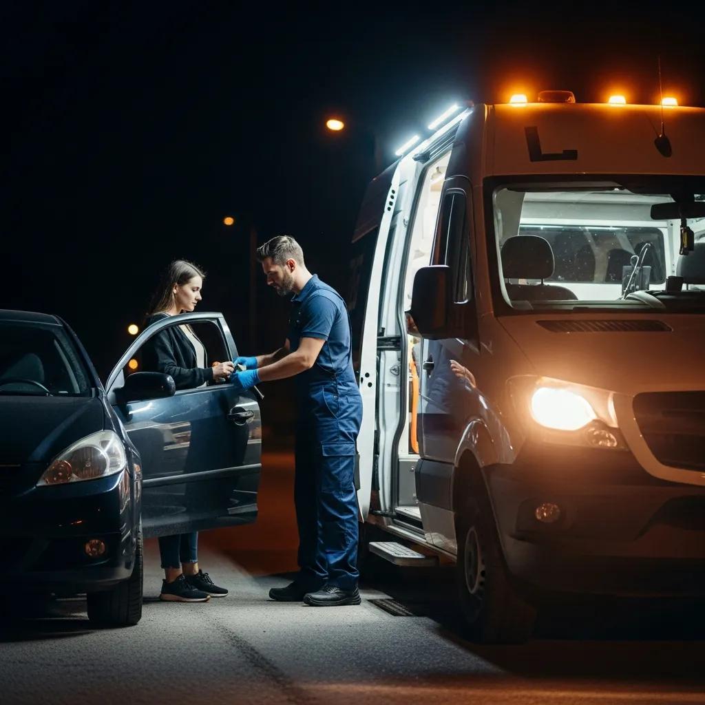 Mobile locksmith van parked at night delivering emergency car key service &mdash; 24/7 assistance