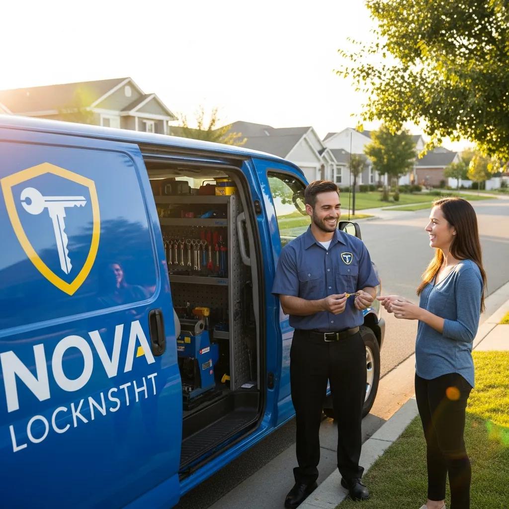 Nova Locksmith mobile van parked while technician assists a customer