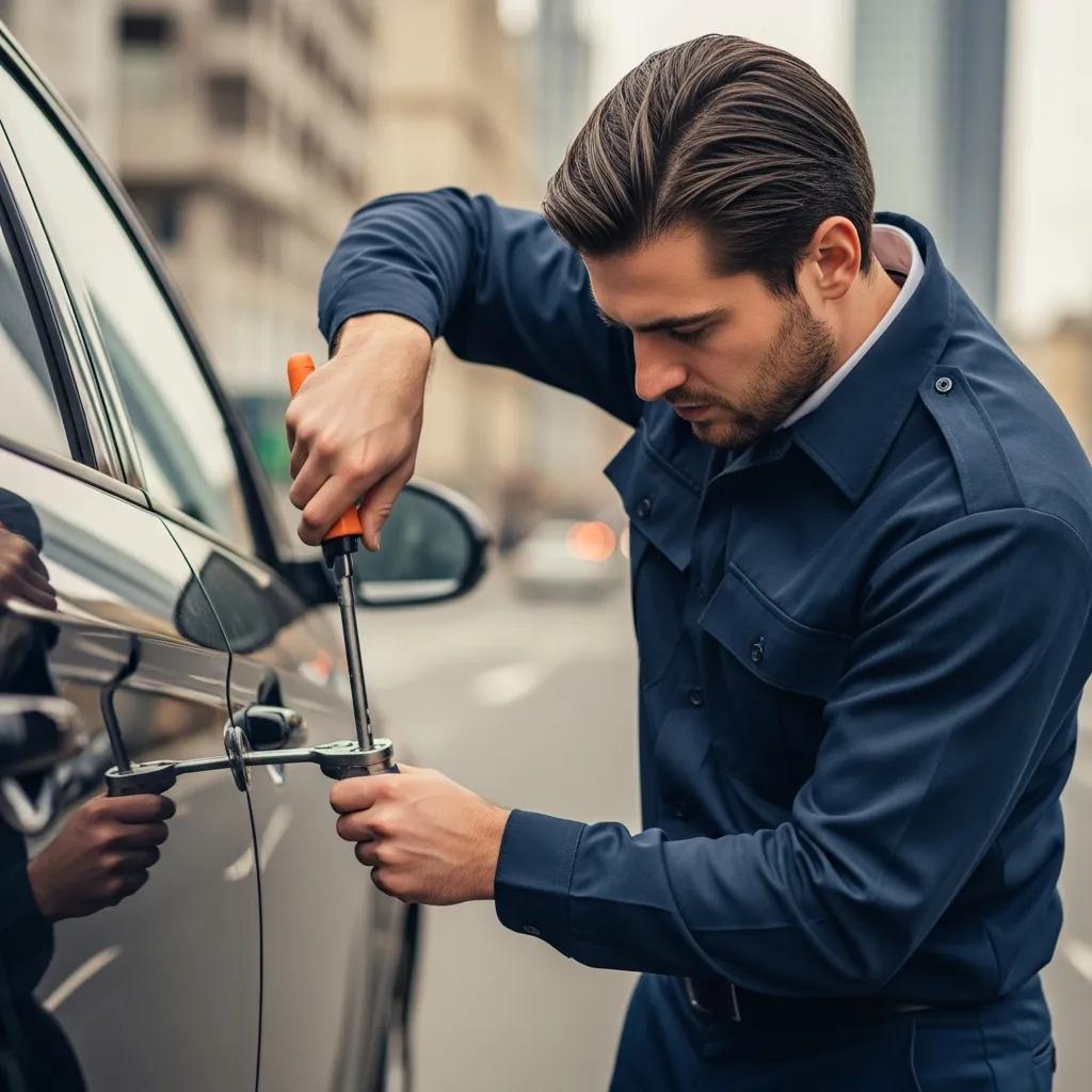 Professional locksmith unlocking a car door in an urban environment, emphasizing emergency locksmith services