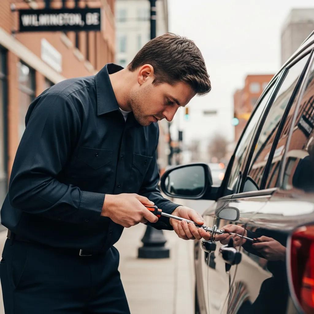 Professional locksmith unlocking a car door in Wilmington, DE, showcasing emergency car lockout services