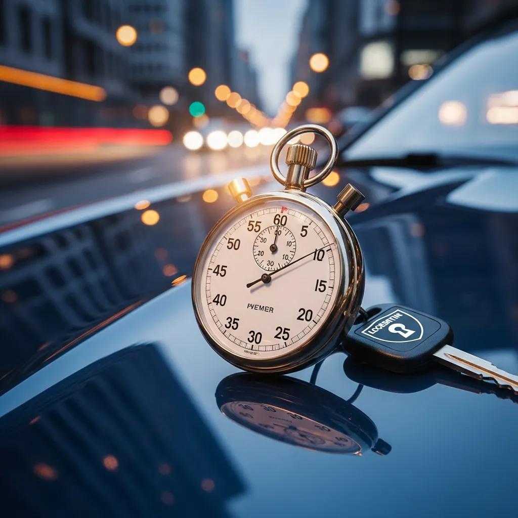 Stopwatch next to a car, representing quick response times for car lockout services