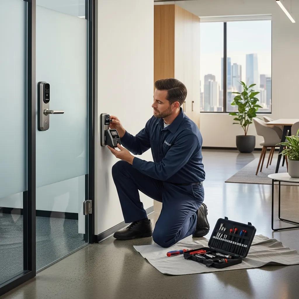Technician installing a high-security commercial lock — protecting business access points