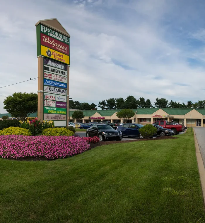 Brookside shopping center sign featuring Walgreens, Dollar General, and other businesses, with colorful flower beds and parked cars in Brookside, DE.