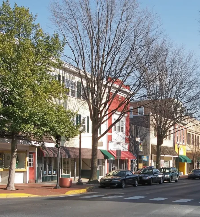 Dover, Delaware streetscape featuring storefronts, trees, and parked cars, representing the local community where Nova Locksmith provides emergency locksmith services.